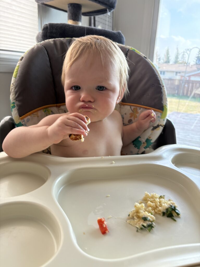 Baby tasting halloumi for the first time with HelloFresh Carb Smart meal