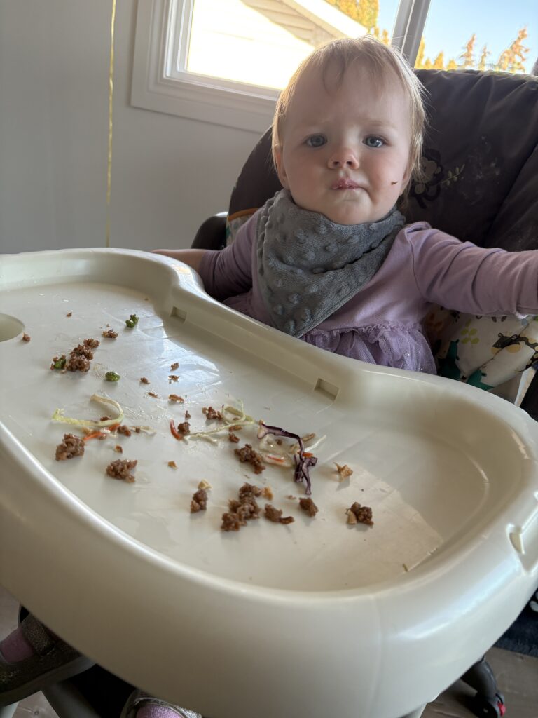 Roslyn testing the baby friendly version of the HelloFresh Smart Beyond Meat Crunch Salad—Beyond Meat and edamame for the win!