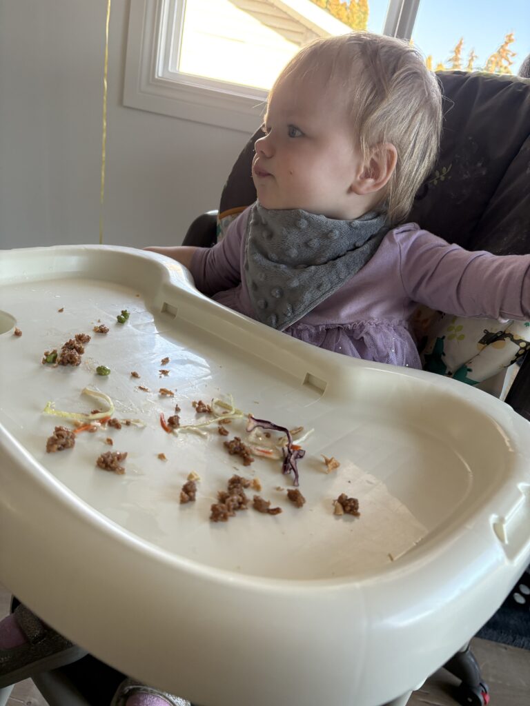 Roslyn testing the baby friendly version of the HelloFresh Smart Beyond Meat Crunch Salad—Beyond Meat and edamame for the win!