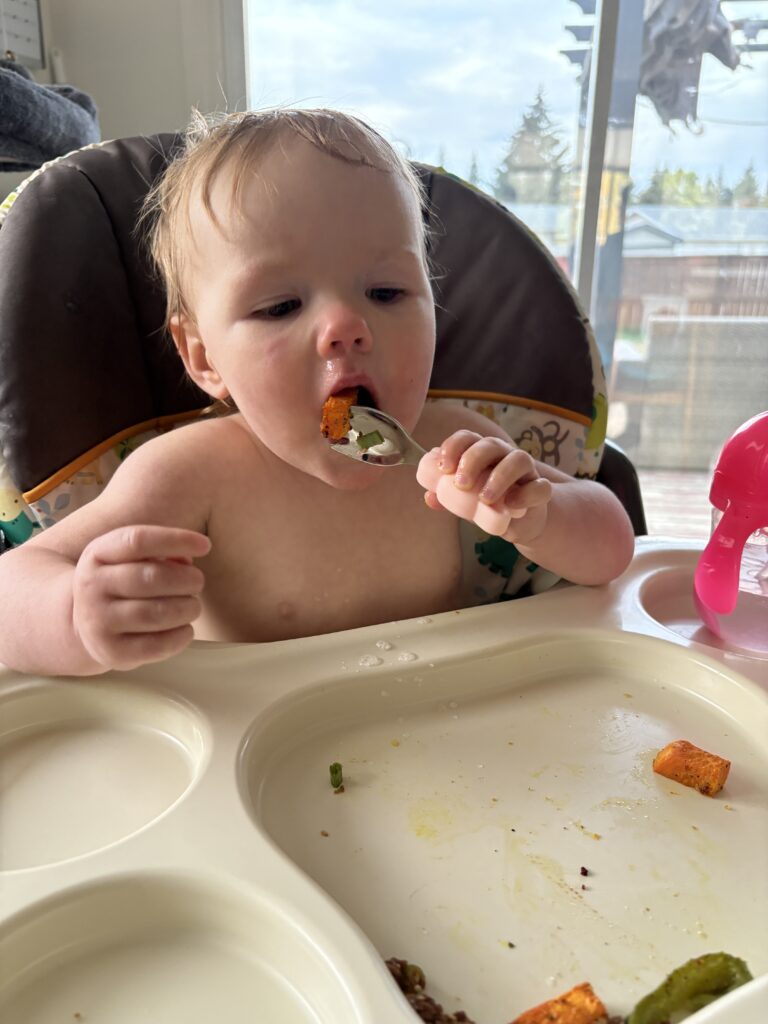 HelloFresh Smart Sesame Beyond Meat Bowls Baby Friendly Review 3 HelloFresh Smart Sesame Beyond Meat Bowls baby friendly – toddler eating sweet potato with fork