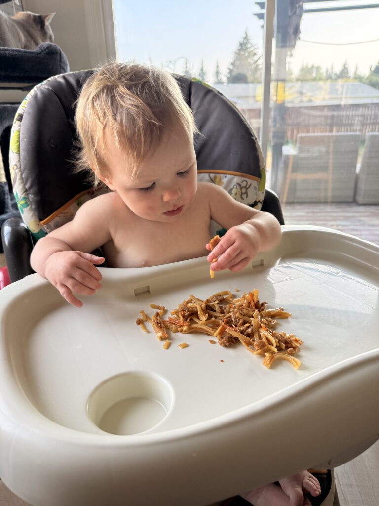 baby eating HelloFresh Gochujang Noodles baby-friendly